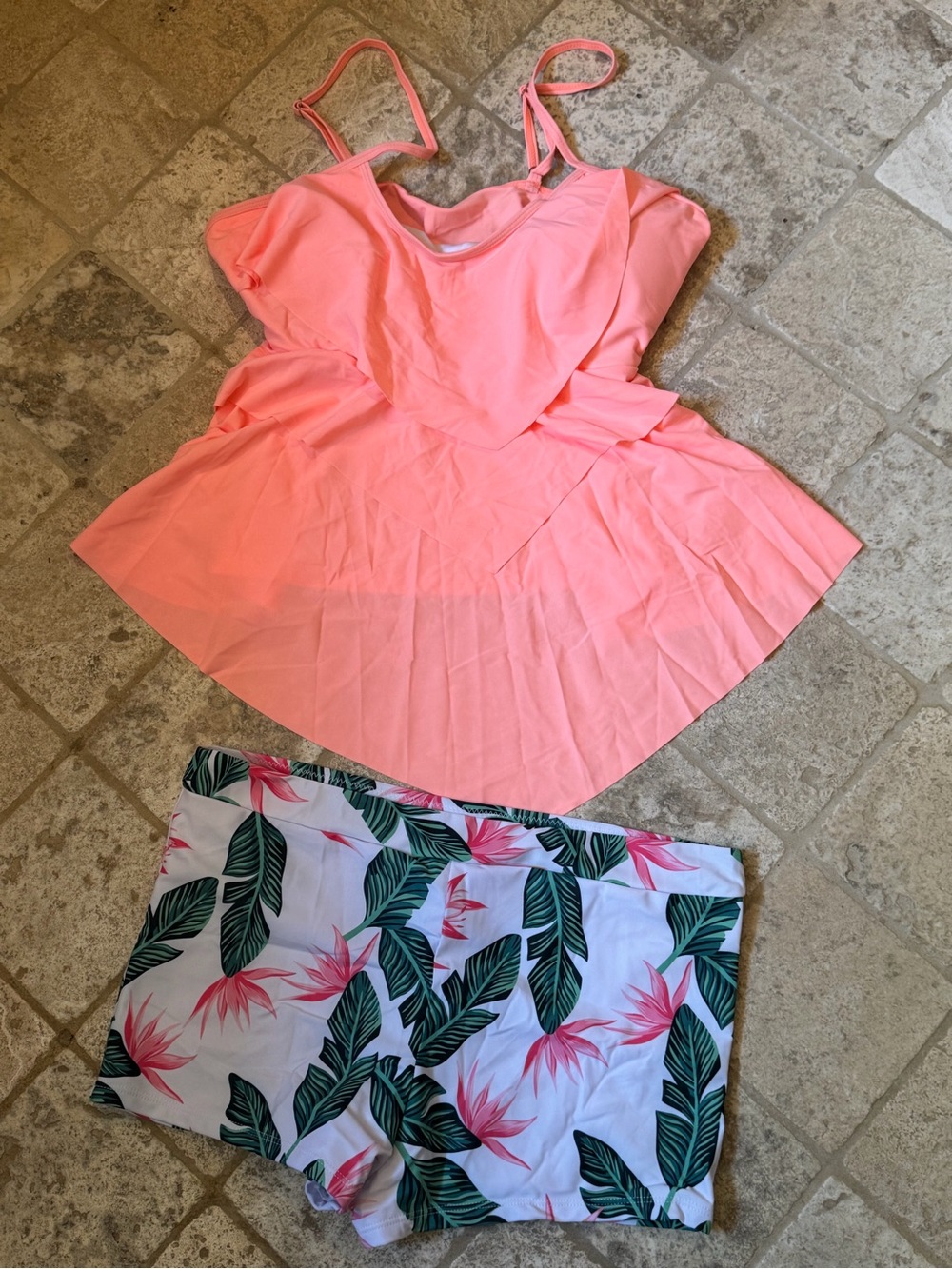Amazon Women's Coral Pink Tankini Top with Tropical Leaf Print Swim Shorts